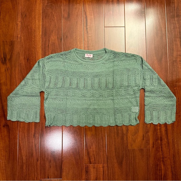 🆕 Sage Scalloped Hem Open Knit Crochet Sweater - Picture 2 of 14